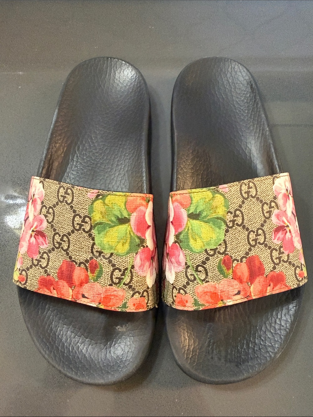 Gucci Brown GG Floral Slide Sandals with Pink & Green Blooms